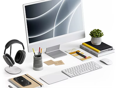 Modern Desktop Workspace With Monitor Headphones Keyboard And Office Supplies 3d model
