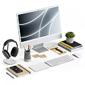 Modern Desktop Workspace With Monitor Headphones Keyboard And Office Supplies