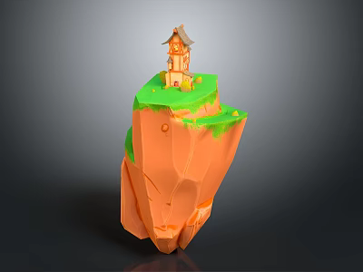 Natural Scene Of Orange Cliff With Green Grass And Small Cottage On Top 3d model