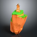 Natural Scene Of Orange Cliff With Green Grass And Small Cottage On Top