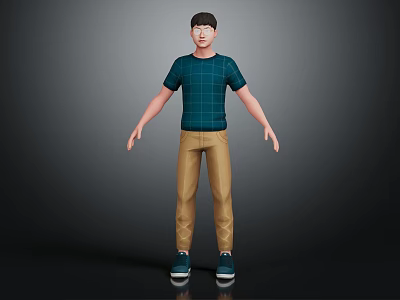 Man Standing in Green Plaid T-Shirt Khaki Pants and Blue Shoes Against Dark Background 3d model