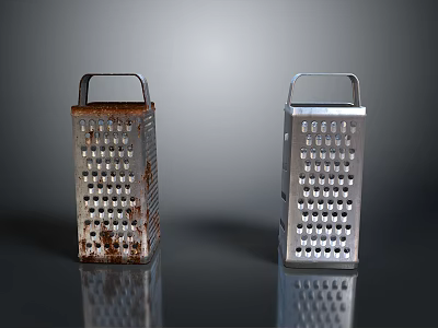 Rusted And Silver Metal Kitchen Graters As Practical Household Cooking Utensils 3d model