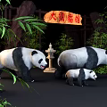 Giant Panda Family In Natural Habitat With Bamboo And Rocks 3d model