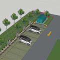 Parking Lot With Electric Vehicle Charging Stations And White Cars Near Trees