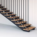 Modern Interior Staircase Design With Wooden Steps And Black Metal Railings Against White Wall