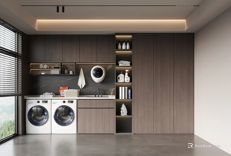 Modern Laundry Room With Two White Washing Machines Dark Wood Cabinets And Shelves 3d model 