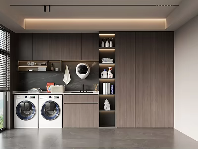 Modern Laundry Room With Two White Washing Machines Dark Wood Cabinets And Shelves 3d model