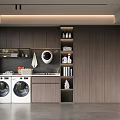 Modern Laundry Room With Two White Washing Machines Dark Wood Cabinets And Shelves