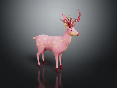 Pink Deer Sculpture with Yellow Spots Red Antlers and Red Hooves Artistic Carving Design 3d model