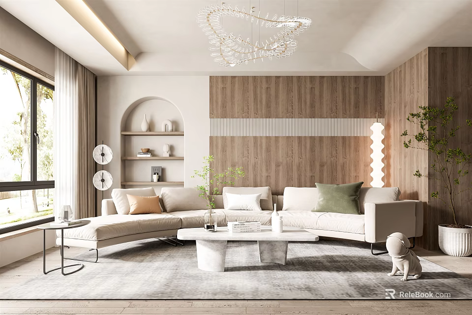 Modern Living Room Interior Design With Curved Sofa Wooden Wall And Crystal Chandelier 3d model 