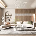 Modern Living Room Interior Design With Curved Sofa Wooden Wall And Crystal Chandelier