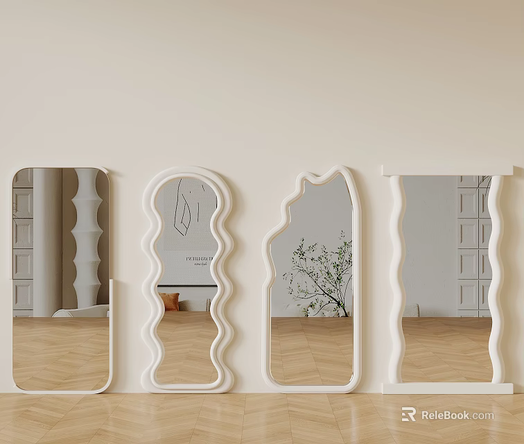 Modern White Decorative Mirrors with Various Curved Shapes for Home Interior Design 3d model 