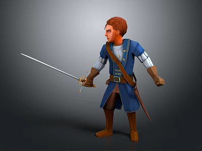 Red Haired Medieval Man In Blue Armor Outfit With Brown Belt Holding Long Sword 3d model