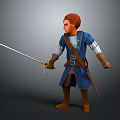 Red Haired Medieval Man In Blue Armor Outfit With Brown Belt Holding Long Sword