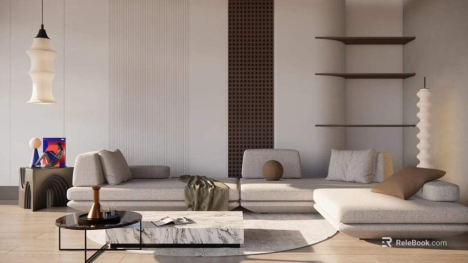 L Shaped Sectional Sofa in Modern Living Room with Marble Coffee Table and Feature Wall 3d model 