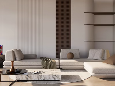 L Shaped Sectional Sofa in Modern Living Room with Marble Coffee Table and Feature Wall 3d model