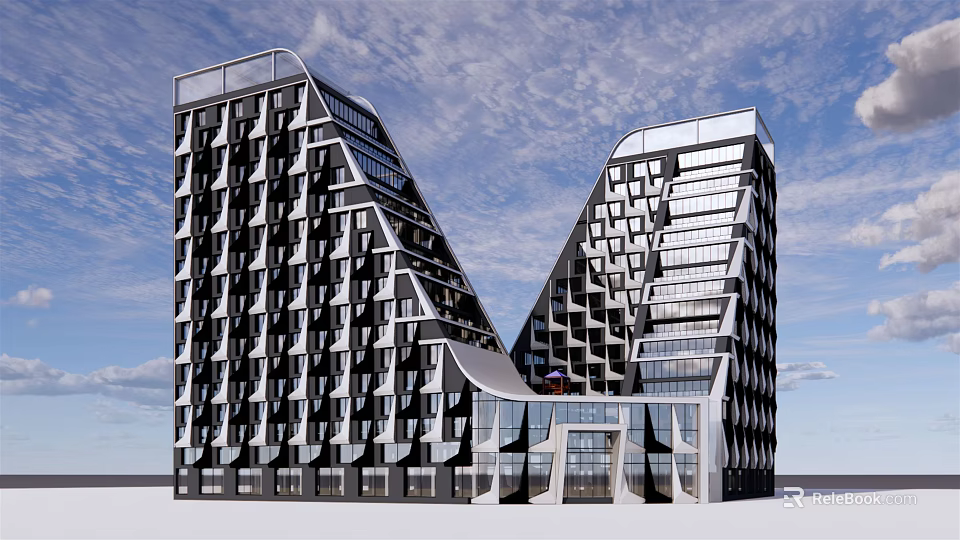 Contemporary Hotel Building Featuring Unique Geometric Facade And Twin Tower Structure 3d model