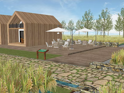 Wooden Cabins With Open Wooden Deck White Umbrellas Chairs Grassland Stone Path Reeds Countryside Landscape 3d model