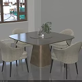 Round Dining Table Set with Gold Base and Four Light Gray Fabric Chairs 3d model