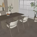 Modern Wooden Dining Table Set With White Chairs Vase And Fruit Bowl In Minimalist Room