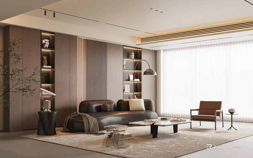 Modern Living Room Interior With Leather Sofa Wooden Wall Bookshelves Floor Lamp And Area Rug 3d model 