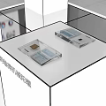 Modern Exhibition Hall Interior With White Display Stands Blue Boards And Glass Cases
