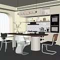Modern Restaurant Interior With Dining Table Chairs Hanging Lights And Cabinets