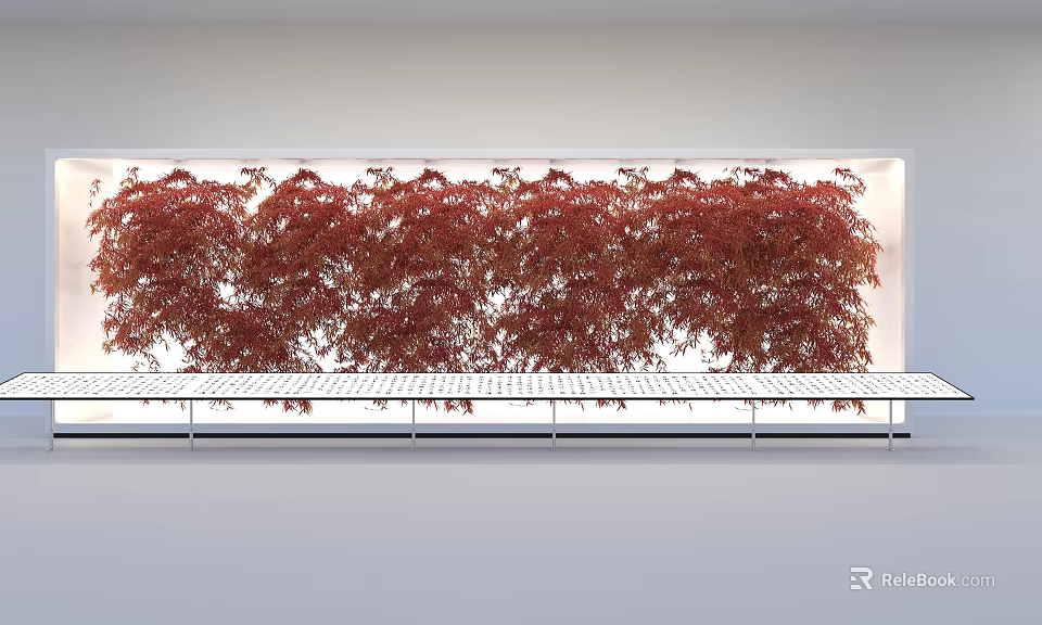 Red Foliage Art Installation On White Wall With Metal Platform Design 3d model 