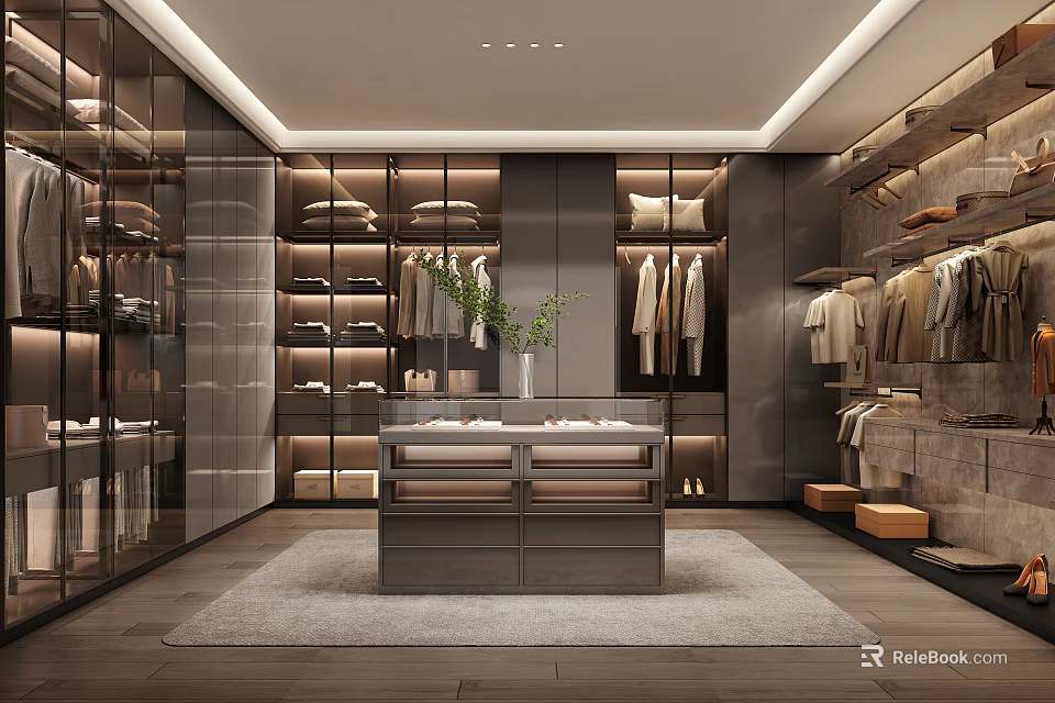 Modern Walk-in Closet Interior Design With Open Shelves Hanging Rods And Storage Cabinets 3d model 