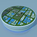 Aerial Planning Circular Layout 3D Model With Buildings Green Spaces And Blue Areas