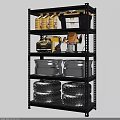 Organized Metal Garage Storage Shelf with Stacked Tires Tools and Plastic Buckets