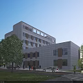 Modern Multi Story Hospital Building With Red Cross Sign Glass Facade And Ambulance