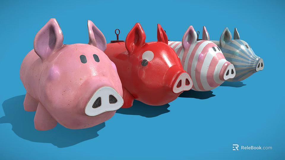 Cute Pig Shaped Toys In Various Colors And Patterns On Blue Background 3d model 