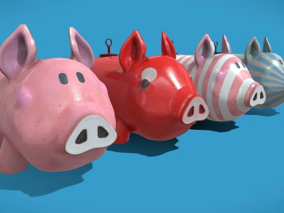 Cute Pig Shaped Toys In Various Colors And Patterns On Blue Background 3d model