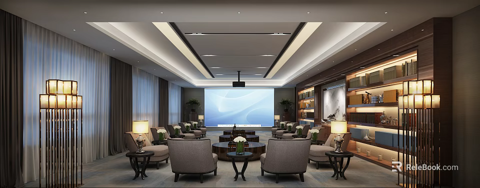 Luxurious Reception Room Interior With Large Screen Comfortable Armchairs Coffee Tables And Bookshelves 3d model 