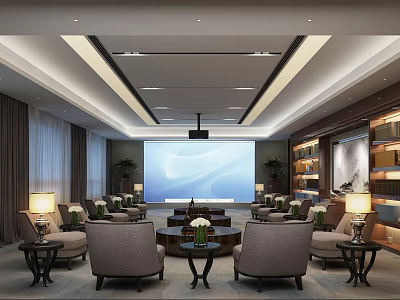 Luxurious Reception Room Interior With Large Screen Comfortable Armchairs Coffee Tables And Bookshelves 3d model