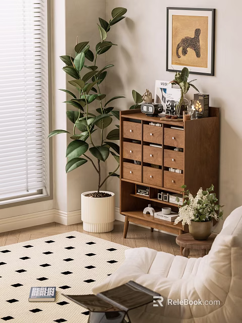Interior Entryway Side Cabinet With Drawers Shelf Decorative Items And Potted Plant Near Window 3d model 