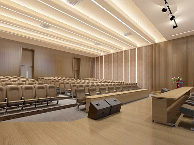 Modern Conference Room Interior With Wooden Decor Tiered Seats Lectern And Lighting Design 3d model