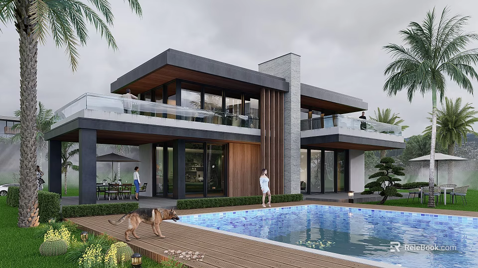 Modern Luxury Detached Villa With Swimming Pool Terrace Palm Trees Lawn And Wooden Deck 3d model 