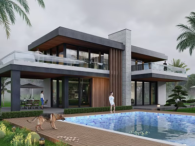Modern Luxury Detached Villa With Swimming Pool Terrace Palm Trees Lawn And Wooden Deck 3d model