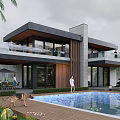 Modern Luxury Detached Villa With Swimming Pool Terrace Palm Trees Lawn And Wooden Deck