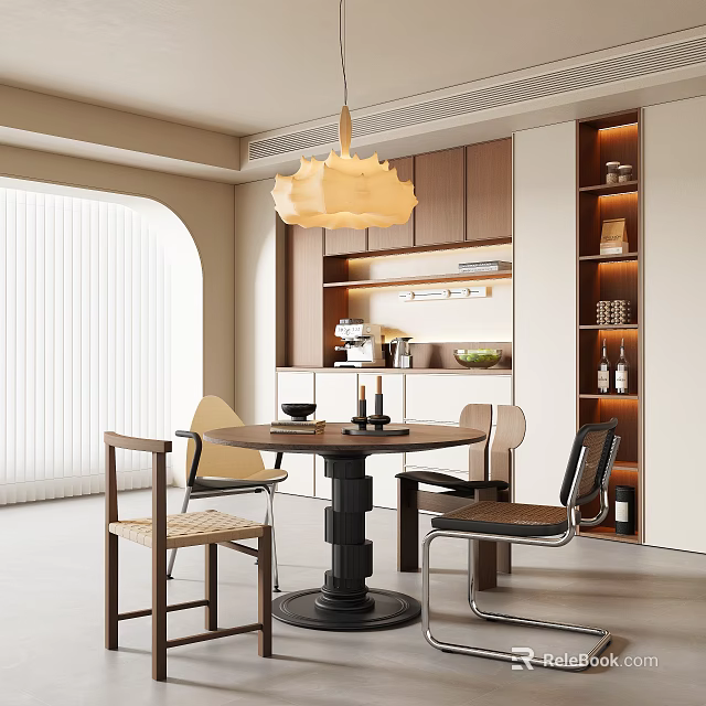 Warm Modern Restaurant Interior With Round Dining Table Pendant Lamp And Display Shelves 3d model