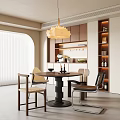 Warm Modern Restaurant Interior With Round Dining Table Pendant Lamp And Display Shelves 3d model
