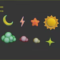 3D Weather Symbol Sculpture Carvings Featuring Crescent Moon Lightning Star Sun Clouds With Reflections