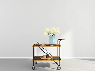 Rolling Storage Cart with Black Metal Frame Wooden Shelves Two Tier Blue Vase and Wheels 3d model