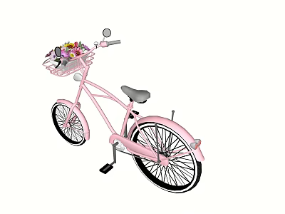 Pink Bicycle With Flower Filled Basket And Black Seat On White Background 3d model