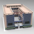 Modern Multi Storey Building Model With Glass Curtain Walls Brick Facade And Entrance