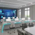 Modern Monitoring Room Featuring Large Digital Screen Multiple Computer Monitors Data Charts and Ergonomic Workstations