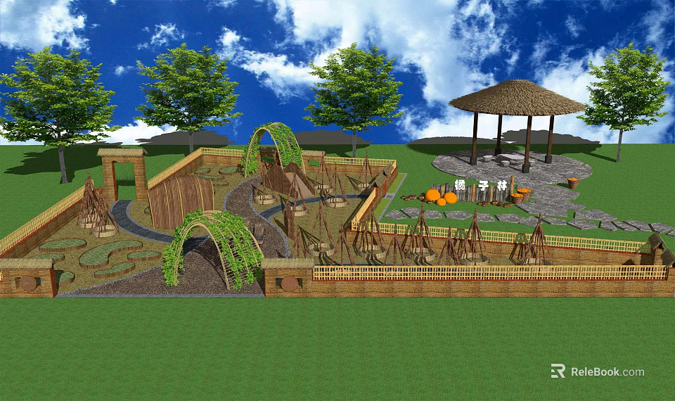 Rural Landscape With Green Lawn Trees Pavilion Winding Paths Vine Covered Wooden Arches And Seats 3d model 