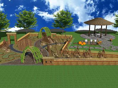 Rural Landscape With Green Lawn Trees Pavilion Winding Paths Vine Covered Wooden Arches And Seats 3d model